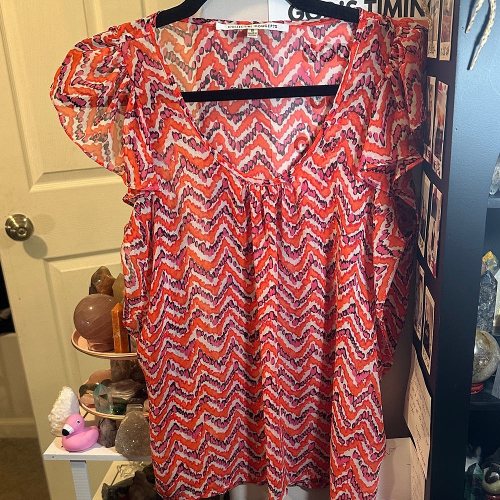 Collective Concepts Red and Pink Zigzag Ruffle Blouse